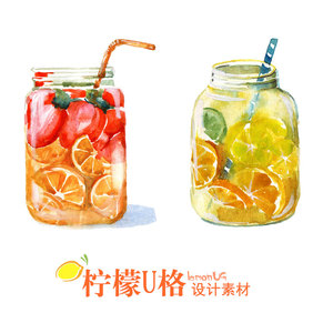 手绘水彩插画 夏日饮料汽水草莓柠檬水 冰激凌水果茶高清绘画素材