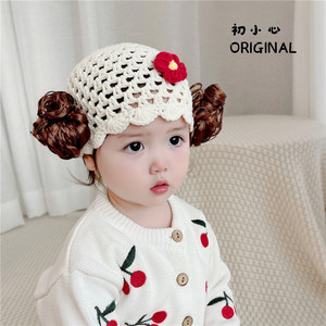韩版婴儿帽子春秋女宝宝可爱假发帽新生儿满月百天红色镂空毛线帽