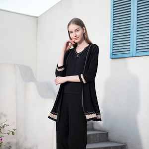 木子兰 优雅时尚通勤黑色中长款H版型显高显瘦七分袖针织披衫