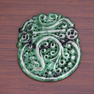 珠宝玉石天然缅甸a货翡翠绿色黑绿雕件复古花纹吊坠挂件鉴定证书