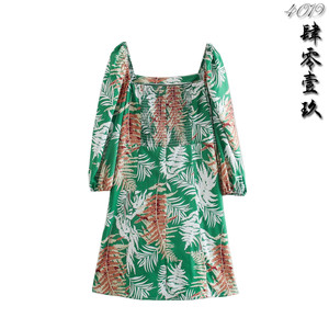 4019 欧美风新款女装法式复古方领树叶热带风情度假风连衣裙