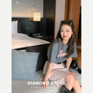 DIAMOND◆表白心迹 字母T恤女原创灰粉撞色基础款圆领短袖上衣