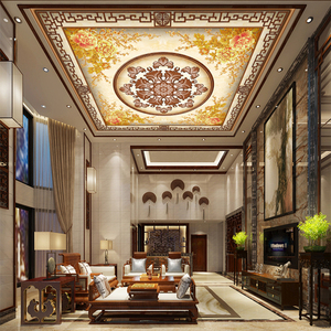 复古天花板背景墙壁画吊顶天棚壁纸中式花卉天顶装饰画无纺布墙纸