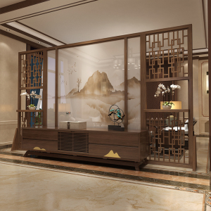 新中式入户屏风隔断墙客厅办公室简约玄关别墅山水镂空定制大座屏