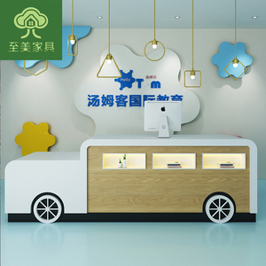 母婴童装店前台接待多功能收银台原木色幼儿园早教培训班咨询吧台