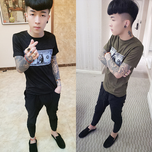 晨阳男装店夏季韩版t恤快手网红爱仔仔同款短袖修身青年男印花t恤