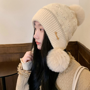 新韩版款毛线帽子女士冬季可爱毛球套头帽保暖加绒护耳骑车雷锋帽