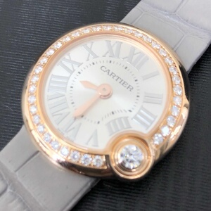 【环球】cartier卡地亚玫瑰金镶钻26mm石英女表 wjbl0006灰色皮带