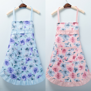 夏季薄款围裙水墨画家用厨房工作服女中式透气围腰防污罩衣有花边