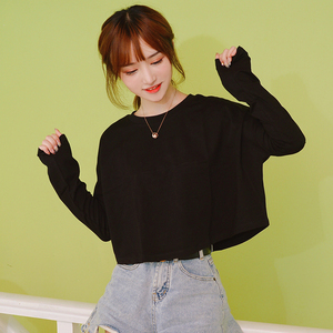 黑色宽松上衣女长袖港味bf风蝙蝠袖t恤韩版chic百搭短款打底衫