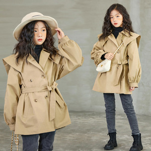 韩国SZ秋季2021新款童装中大童洋气双排扣宽松中长款外套女童风衣