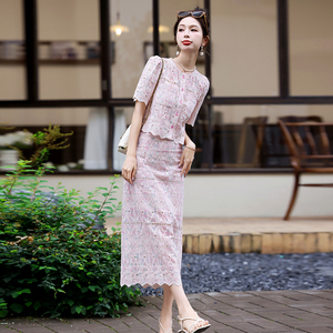 蕾丝套装女两件套连衣裙粉色镂空高级小香风夏季今年流行漂亮显瘦