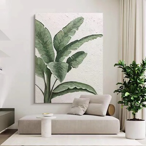 手绘油画绿植玄关客厅挂画大叶有成寓意好装饰画现代酒店肌理壁画