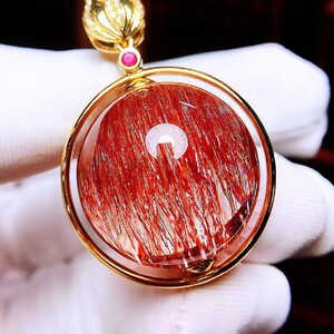 晶樱18k金镶嵌天然红发晶单珠吊坠 女款水晶饰品项链聚宝