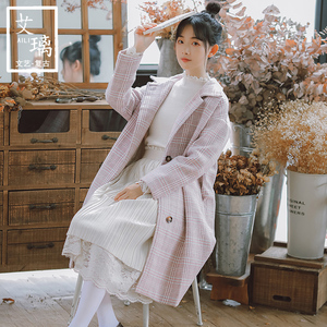 艾璃日系呢子大衣女森系中长款格子毛呢外套2020秋冬新款文艺复古