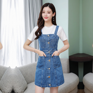 牛仔吊带短裙女2019夏季韩版新款单排扣修身显瘦高腰小个子背带裙
