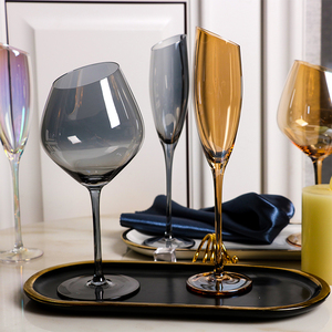 斜口透明炫彩红酒杯水晶烟灰色香槟杯可家用可酒吧用高脚杯子系列