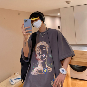 大地灰短袖t恤男设计感小众美式重磅七分袖ins潮牌盐系男友风体恤