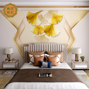 轻奢风墙纸卧室床头背景墙壁纸定制壁画金色立体银杏叶无缝墙布