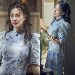 密室大逃脱明星张雨绮同款蓝色泡泡袖牛仔盘扣旗袍连衣裙高腰显瘦