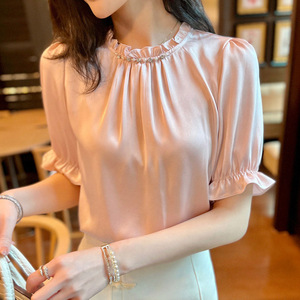 2022年夏季新款时尚百搭木耳边上衣小立领钉珠镶钻真丝混纺衬衫女