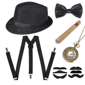 1920盖茨比派对黑帮土匪装扮黑色礼帽复古怀表假雪茄背带胡子套装
