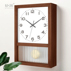 实木日式挂钟客厅家用复古时钟方形座钟创意时尚静音台式摇摆钟表