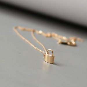 小锁头项链女轻奢小众气质吊坠 韩国进口纯14k黄金简约锁骨链礼物