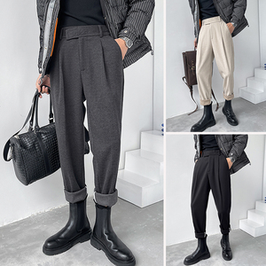 冬季搭配马丁靴的毛呢西装裤子男秋冬款高腰那不勒斯休闲垂感西裤