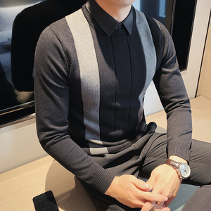 假两件套衬衫毛衣男士秋冬季2022新款男装内搭加绒针织打底衫男款
