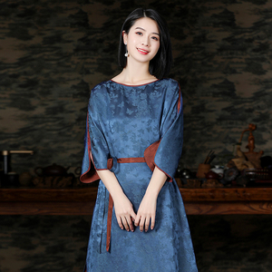 真丝花罗香云纱双面穿连衣裙中式复古一字领桑蚕丝两面穿中长裙女
