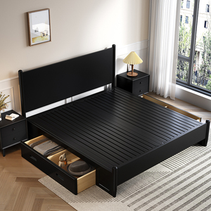 黑色全实木床现代简约主卧乘两米二双人床2米x2米大床北欧实木床