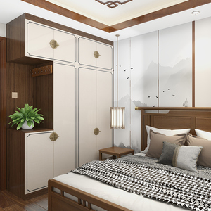 现代新中式衣柜全屋定制家用卧室整体轻奢玻璃衣橱实木衣帽间定做