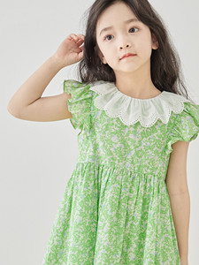 夏季2024新品女童纯棉甜美超仙连衣裙花边领绿色碎花公主裙