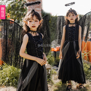 万圣节儿童暗黑天使吸血鬼cosplay服装黑色精灵恶魔女巫婆连衣裙