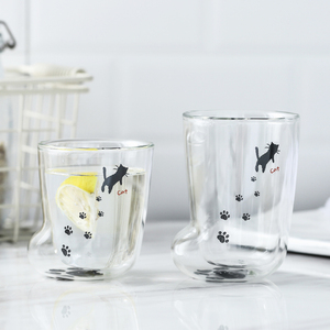 创意猫爪玻璃杯耐热双层韩版可爱牛奶杯子透明家用水杯