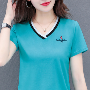 鸡心领纯棉t恤短袖女夏季小v领运动上衣女士修身短款纯色刺绣体恤