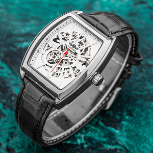 酒桶型手表男士机械表全自动镂空长方形真皮带款学生潮流个性男表