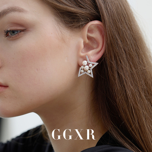 GGXR 高级感轻奢缺角五角星镶钻珍珠独特耳环耳夹江疏影同款