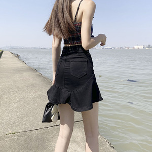 高腰牛仔半身裙女夏季薄款2024年新款短裙a字包臀鱼尾裙子黑色潮