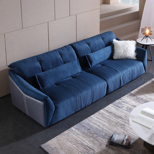 意式磨砂羽绒布艺沙发小户型客厅简约现代免洗蓝色大坐深3米的