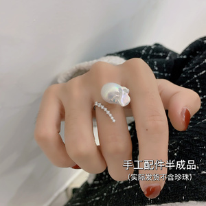 DIY配件新款精工s925纯银设计感巴洛克珍珠戒指小众个性指环 空托