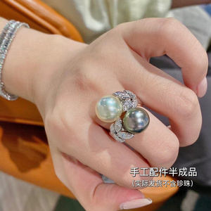 DIY配件新款精工s925纯银双珠厚银月桂珍珠戒指优雅开口指环 空托