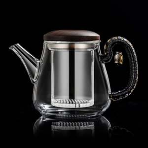 加厚玻璃泡茶壶茶水分离过滤泡茶杯带盖胡桃木冲茶器家用茶具耐热