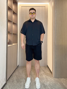 夏季微胖男生显瘦穿搭短袖衬衫宽松大码胖子半袖衬衣五分袖轻熟风