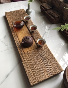 老榆木原生态实木家用排水茶盘茶台整块风化木板干泡台复古禅意