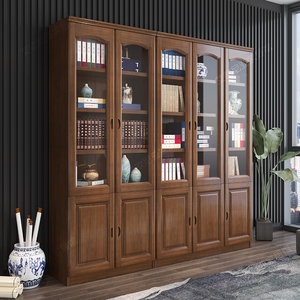 实木橡木书柜带玻璃门三门简约中式书架储物现代书橱办公室文件柜