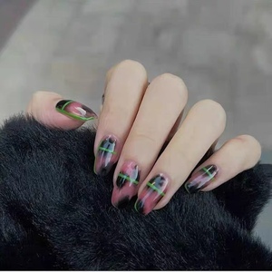 手工定制粉色豹纹美甲玳瑁棕晕染翠绿线条个性穿戴甲可拆卸假指甲