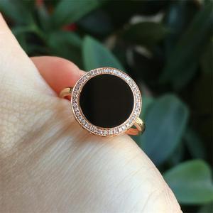 翡翠墨翠戒指冰种墨翠圆牌戒指18k金镶嵌天然a货玉石戒指女士款式