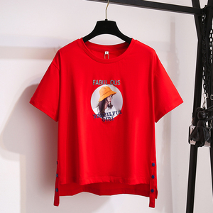 大红色短袖T恤女装ins潮2024年夏季新款韩版宽松前短后长上衣纯棉